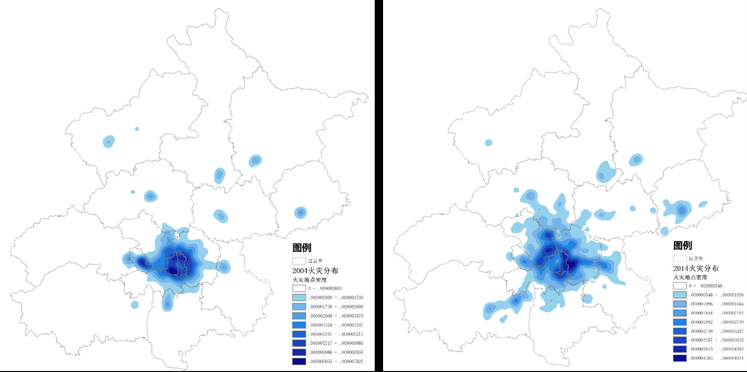 2004年（左图）与2015年（右图）全市火灾事故点空间分布态势分析图.jpg